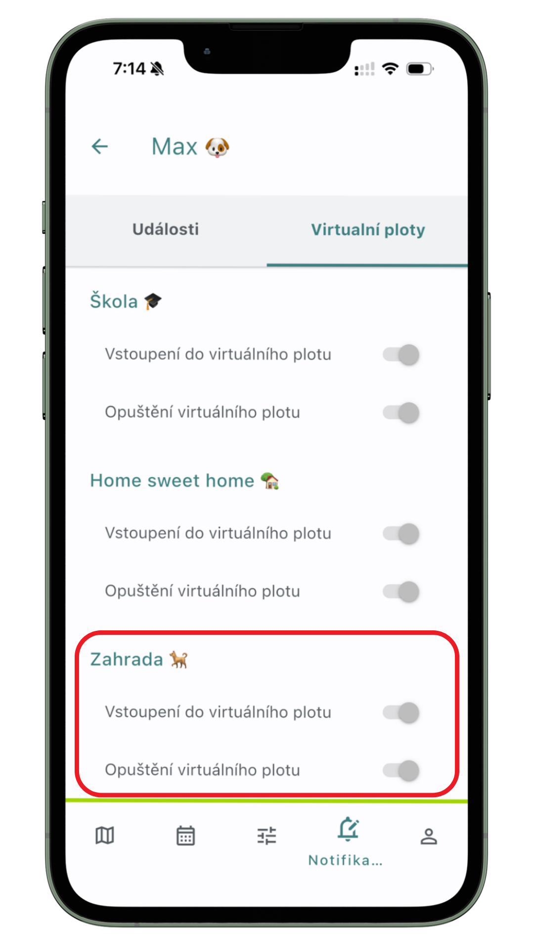 Notifikace v režimu Pes na zahradě